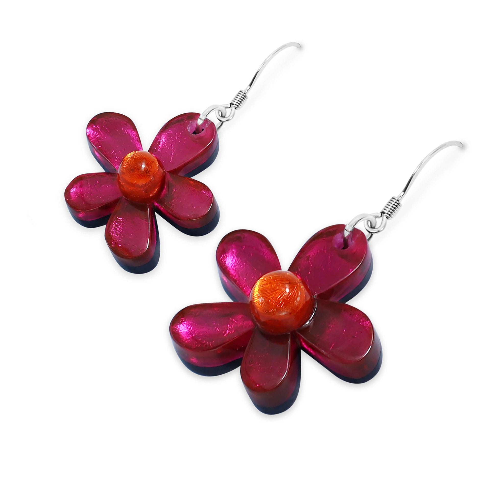 St Tropez Flower Shiny Fish Hook Earrings | The Jewellery Stop