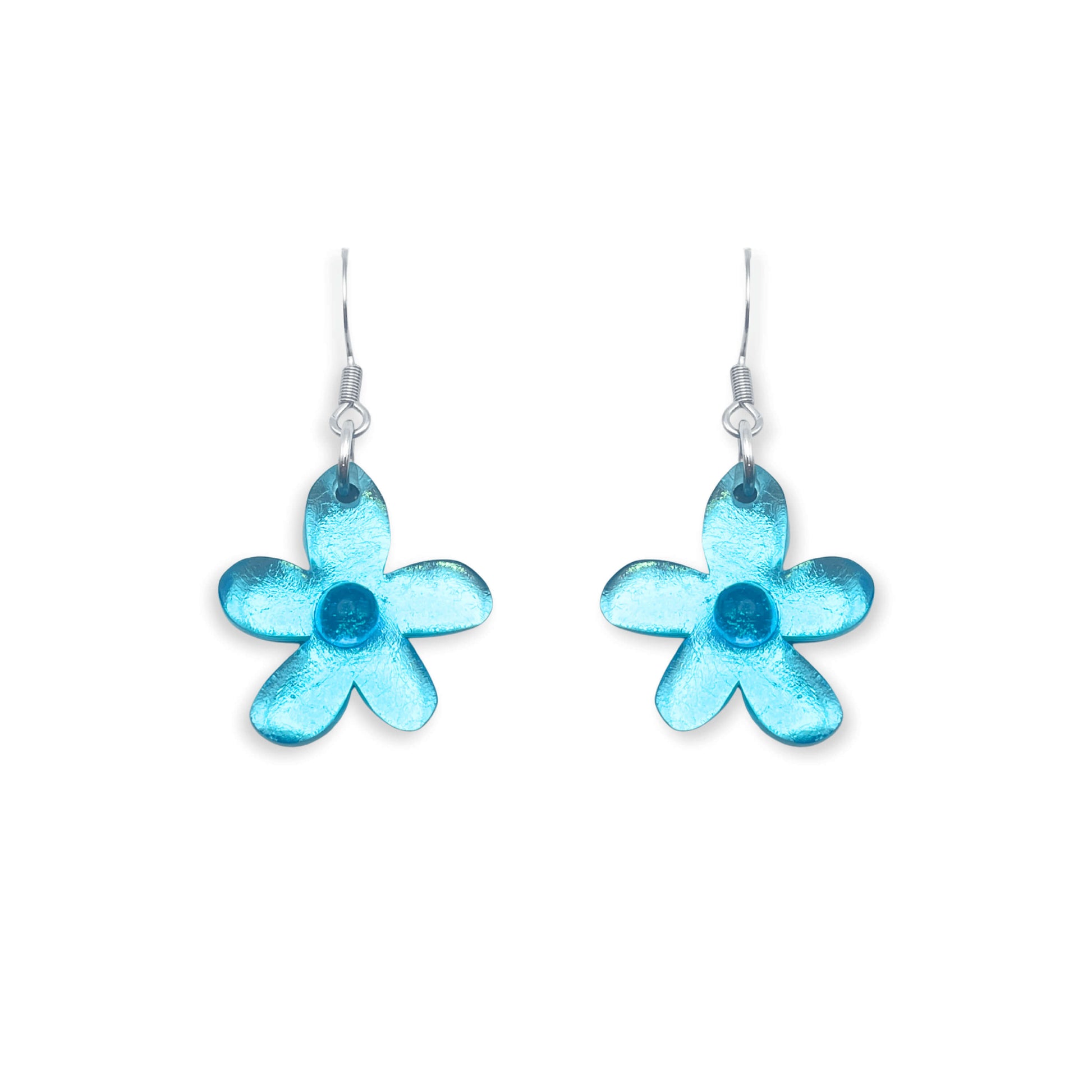 Aqua Flower Shiny Fish Hook Earrings