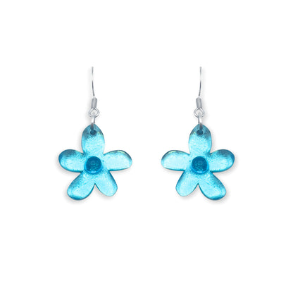 Aqua Flower Shiny Fish Hook Earrings