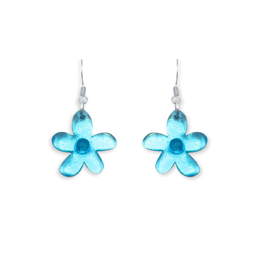Aqua Flower Shiny Fish Hook Earrings
