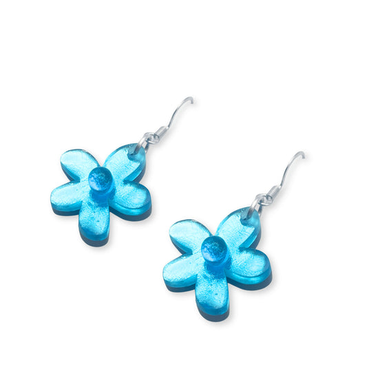 Aqua Flower Shiny Fish Hook Earrings