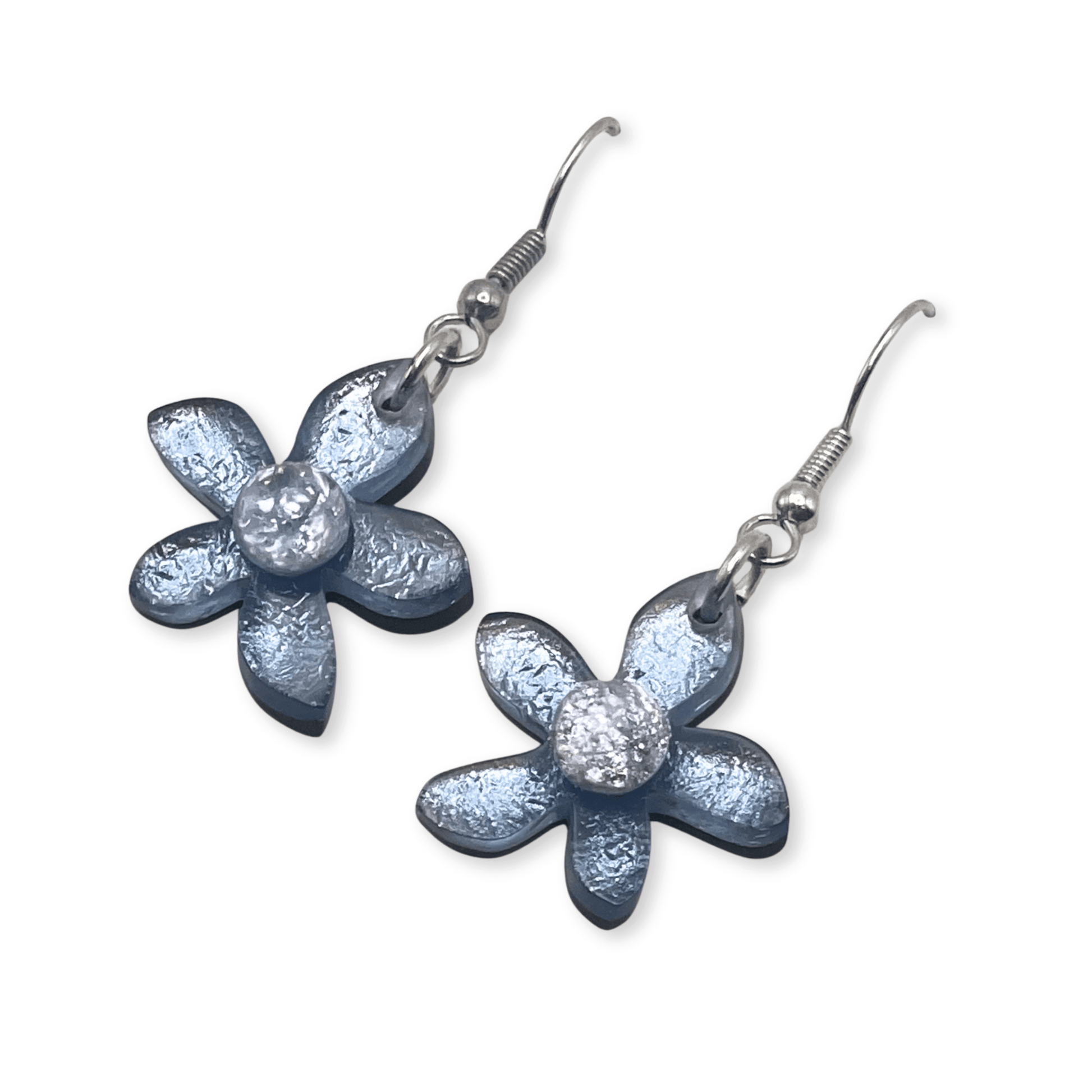 Denim Flower Shiny Fish Hook Earrings | The Jewellery Stop
