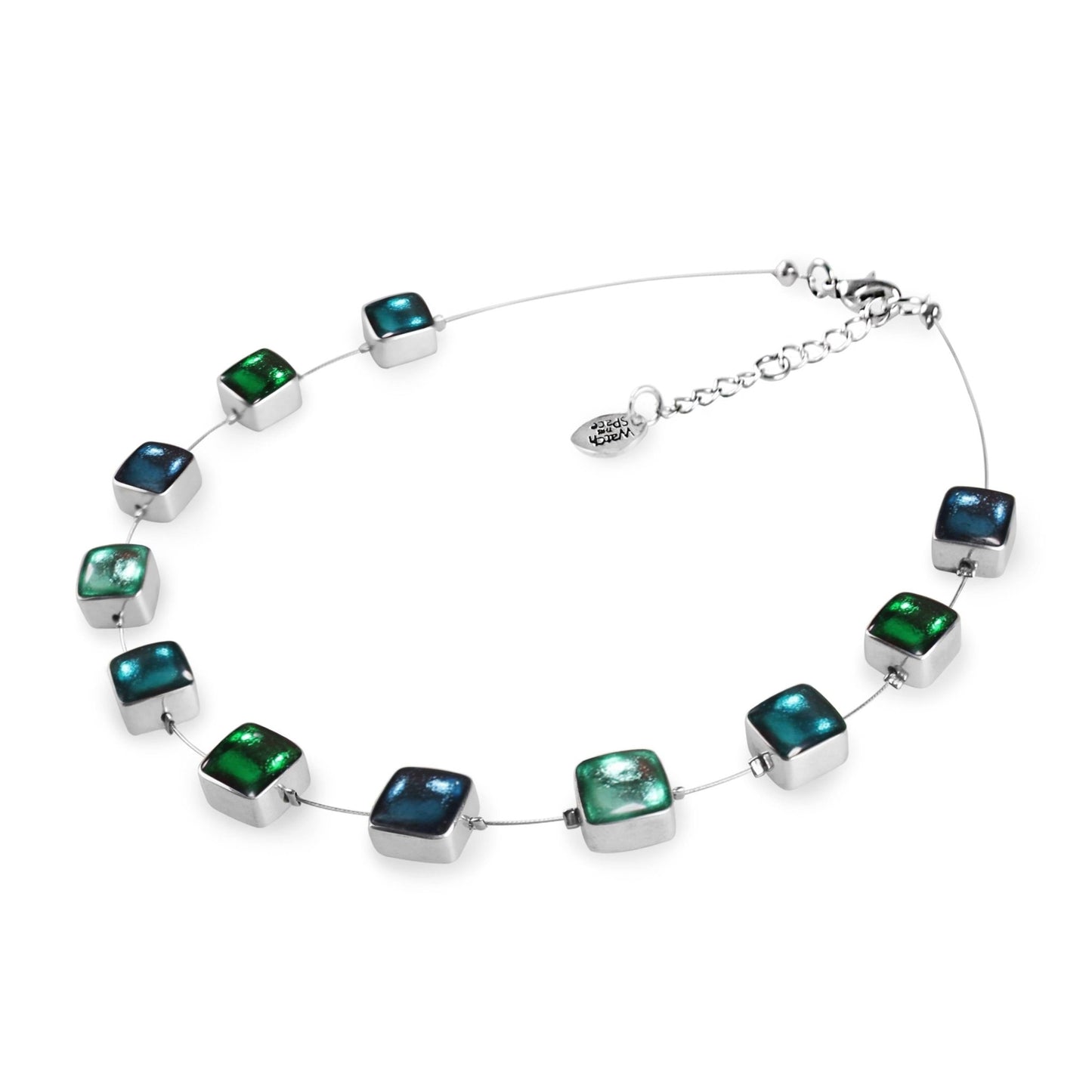 Verdigris Aluminium Squares Shiny Necklace | The Jewellery Stop
