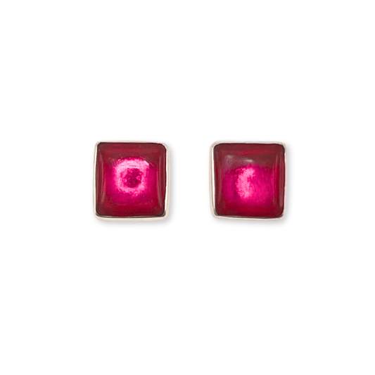 Fuchsia Aluminium Squares Shiny Stud Earrings | The Jewellery Stop