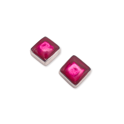 Fuchsia Aluminium Squares Shiny Stud Earrings | The Jewellery Stop