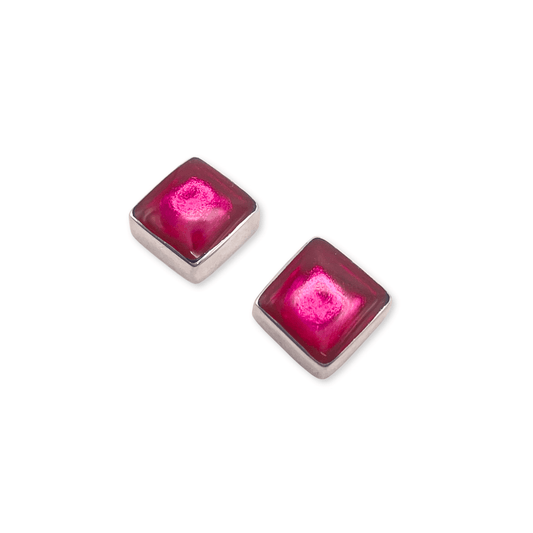 Fuchsia Aluminium Squares Shiny Stud Earrings | The Jewellery Stop