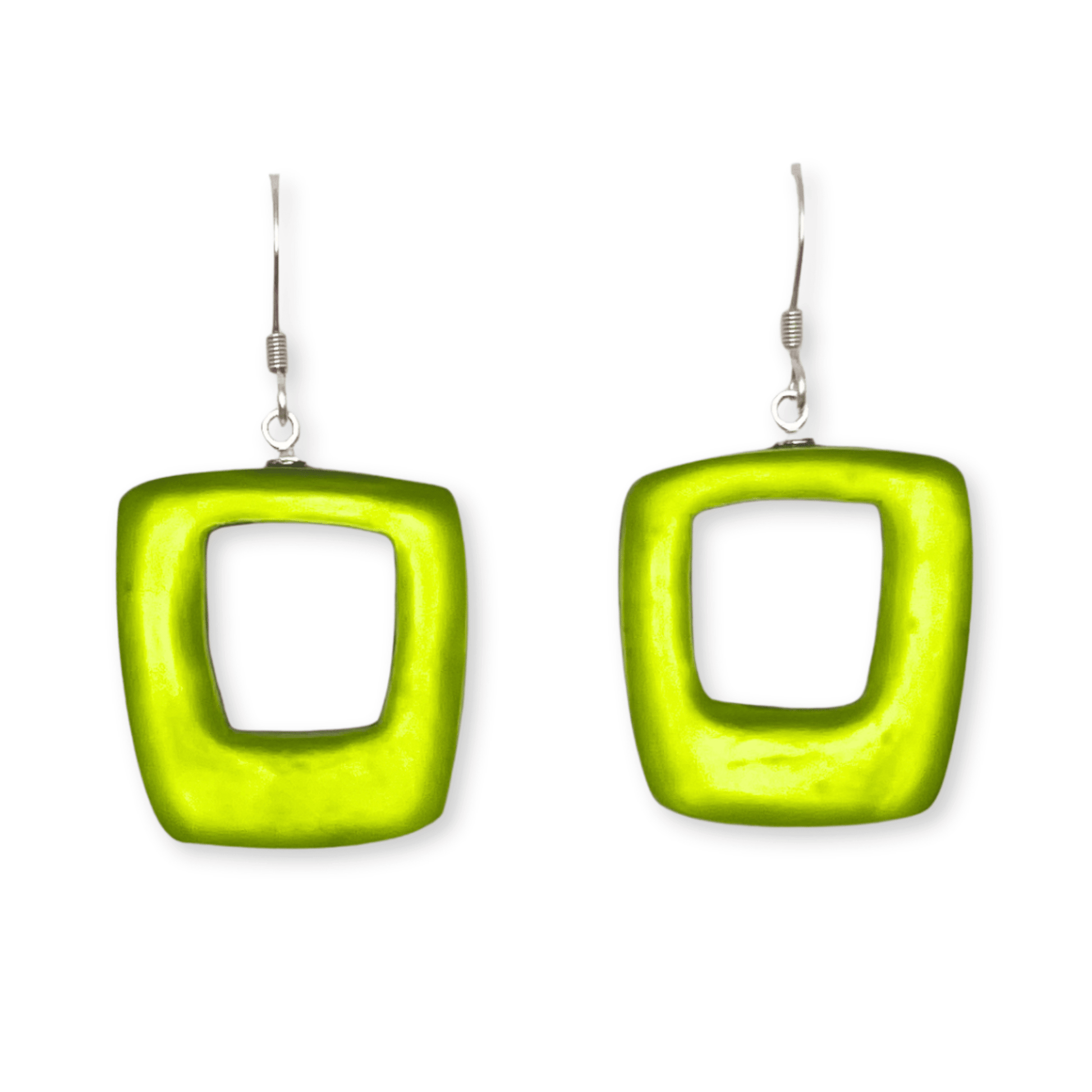Kiwi Hollow Squares Matte Fish Hook Earrings | The Jewellery Stop