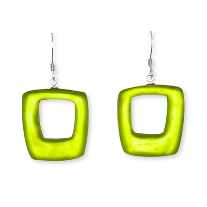 Kiwi Hollow Squares Matte Fish Hook Earrings | The Jewellery Stop