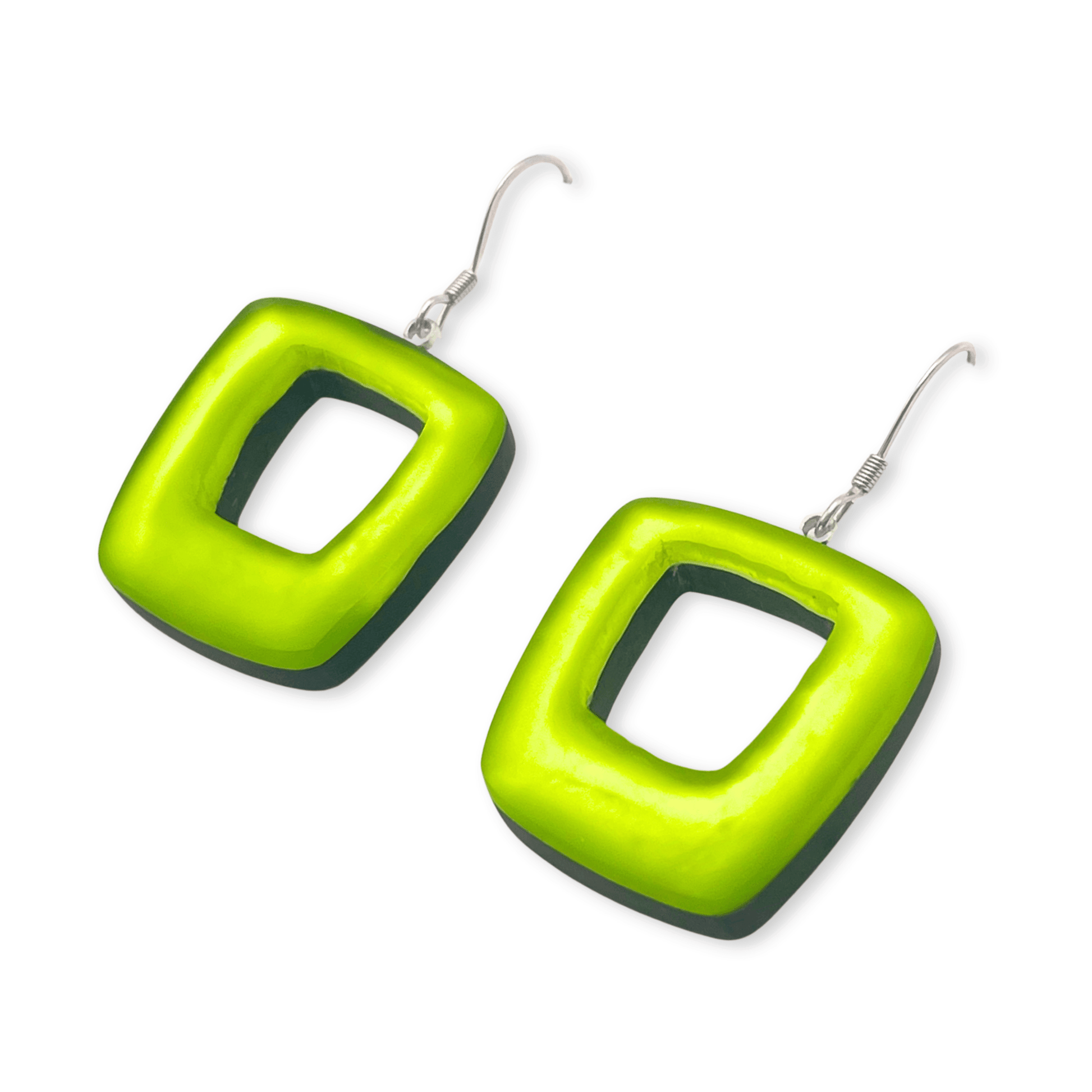 Kiwi Hollow Squares Matte Fish Hook Earrings | The Jewellery Stop