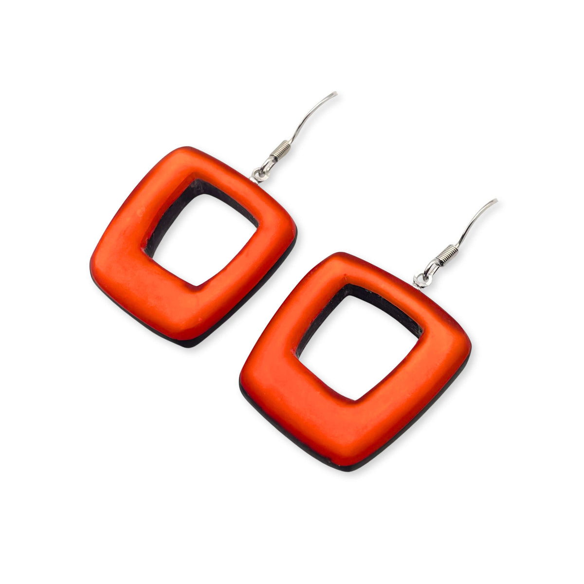 Orange Hollow Squares Matte Fish Hook Earrings