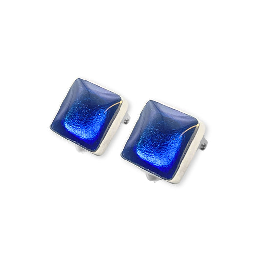 Azure Aluminium Squares Shiny Clip Earrings