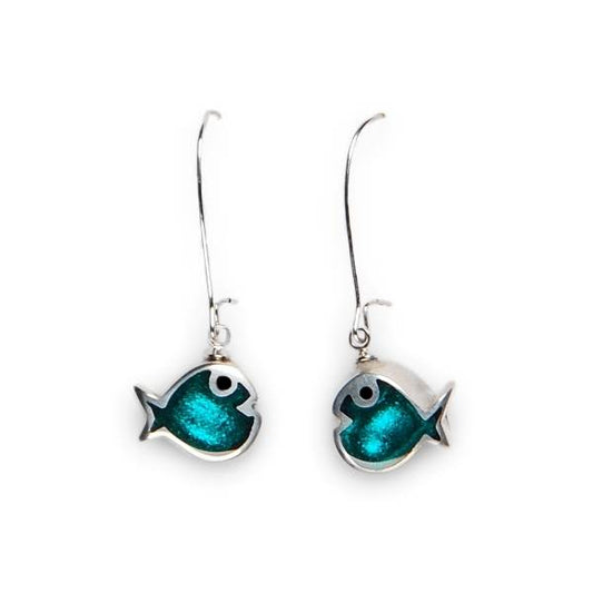 Teal Bubble Fish Shiny Long Hook Earrings | The Jewellery Stop