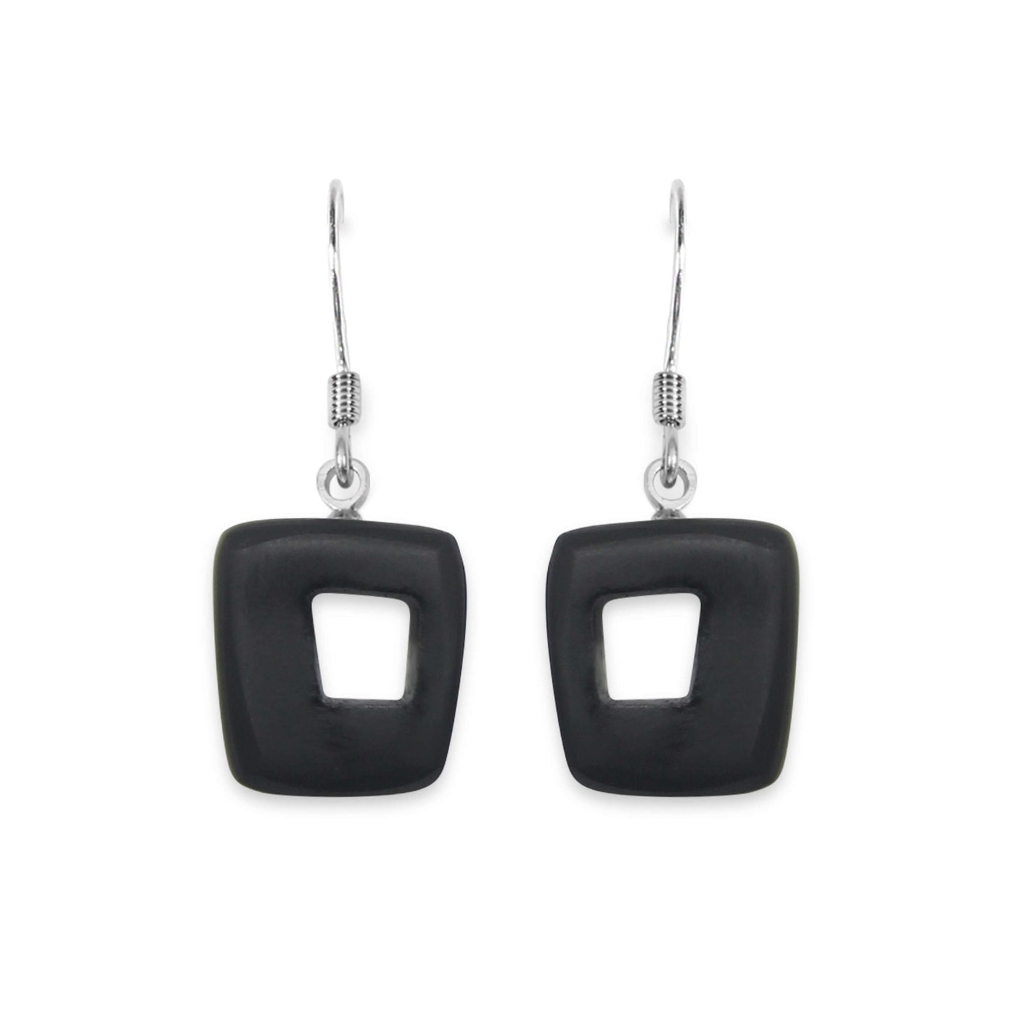 Black Hollow Squares Matte Small Fish Hook Earrings | The Jewellery Stop
