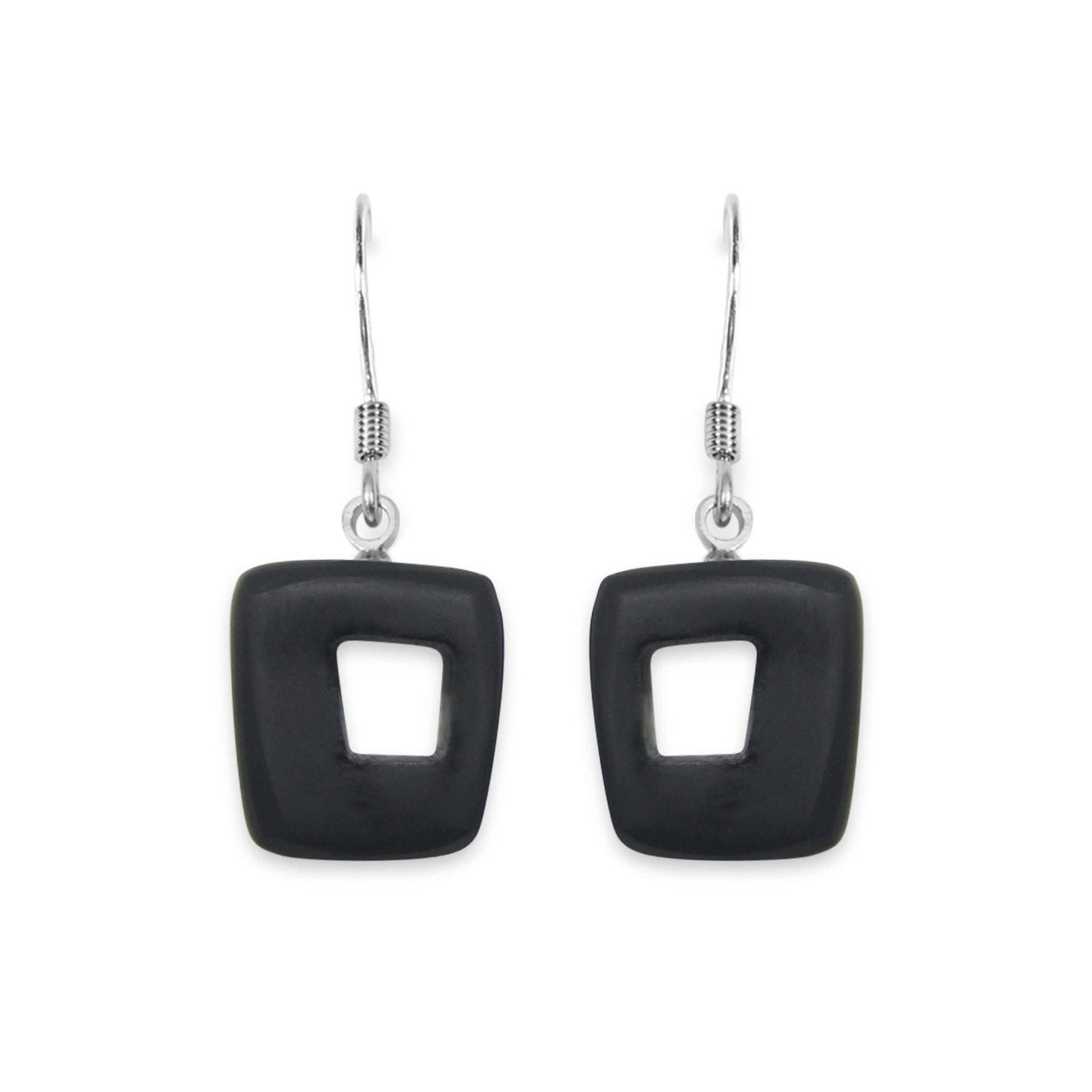 Black Hollow Squares Matte Small Fish Hook Earrings | The Jewellery Stop