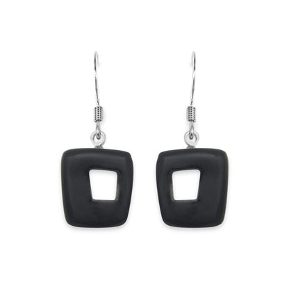 Black Hollow Squares Matte Small Fish Hook Earrings | The Jewellery Stop