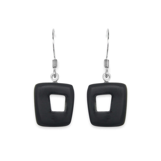 Black Hollow Squares Matte Small Fish Hook Earrings | The Jewellery Stop