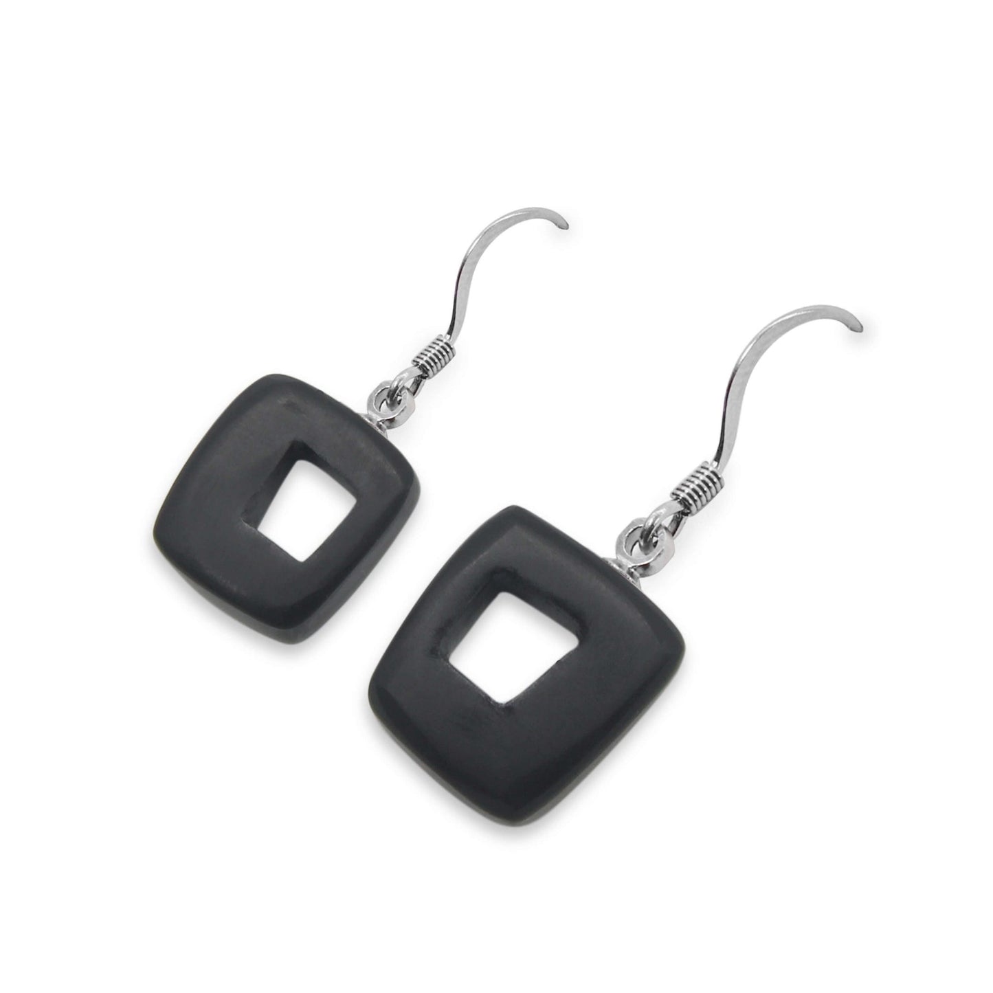 Black Hollow Squares Matte Small Fish Hook Earrings | The Jewellery Stop