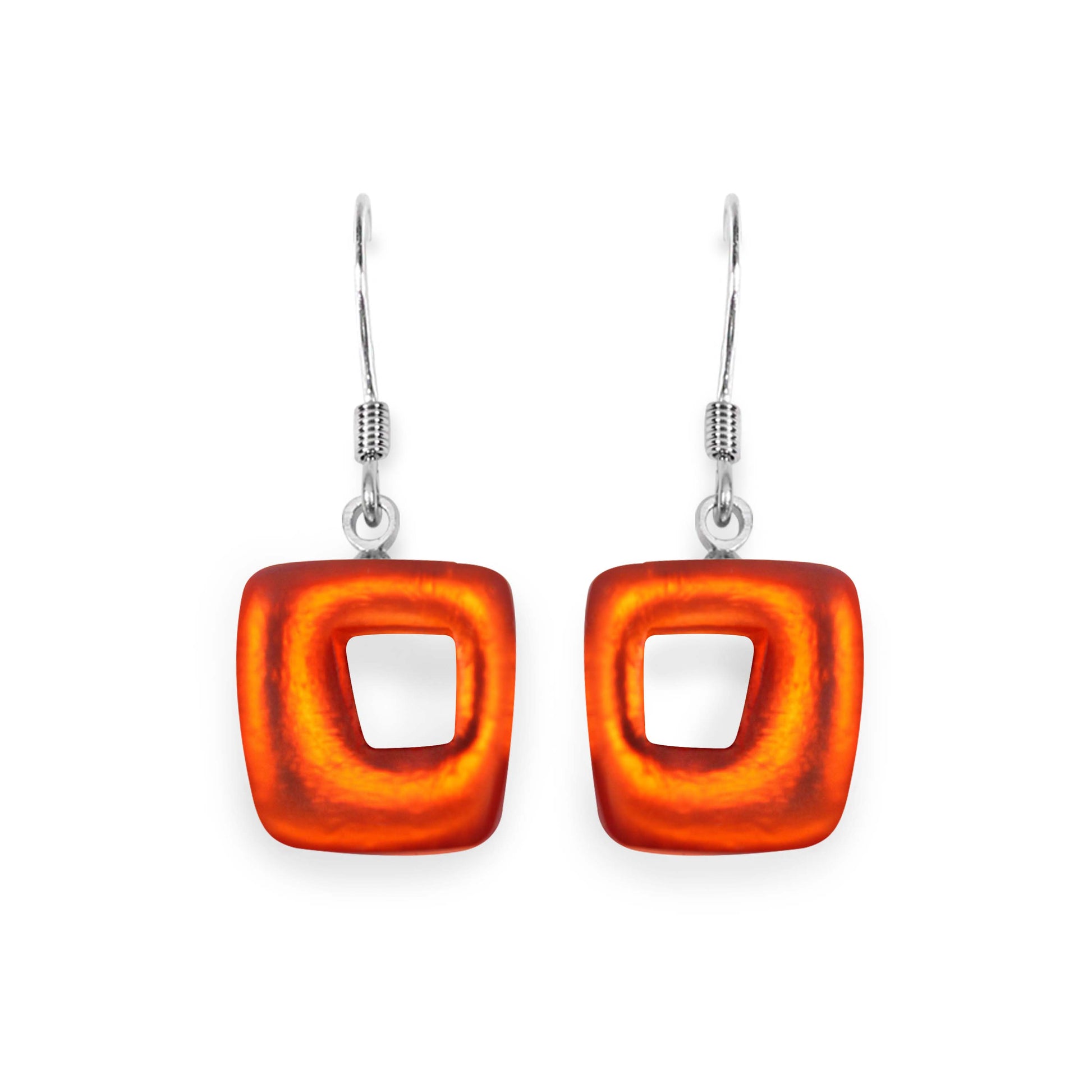 Orange Hollow Squares Matte Small Fish Hook Earrings