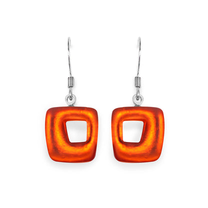 Orange Hollow Squares Matte Small Fish Hook Earrings