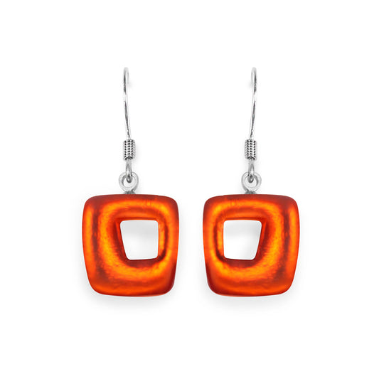 Orange Hollow Squares Matte Small Fish Hook Earrings
