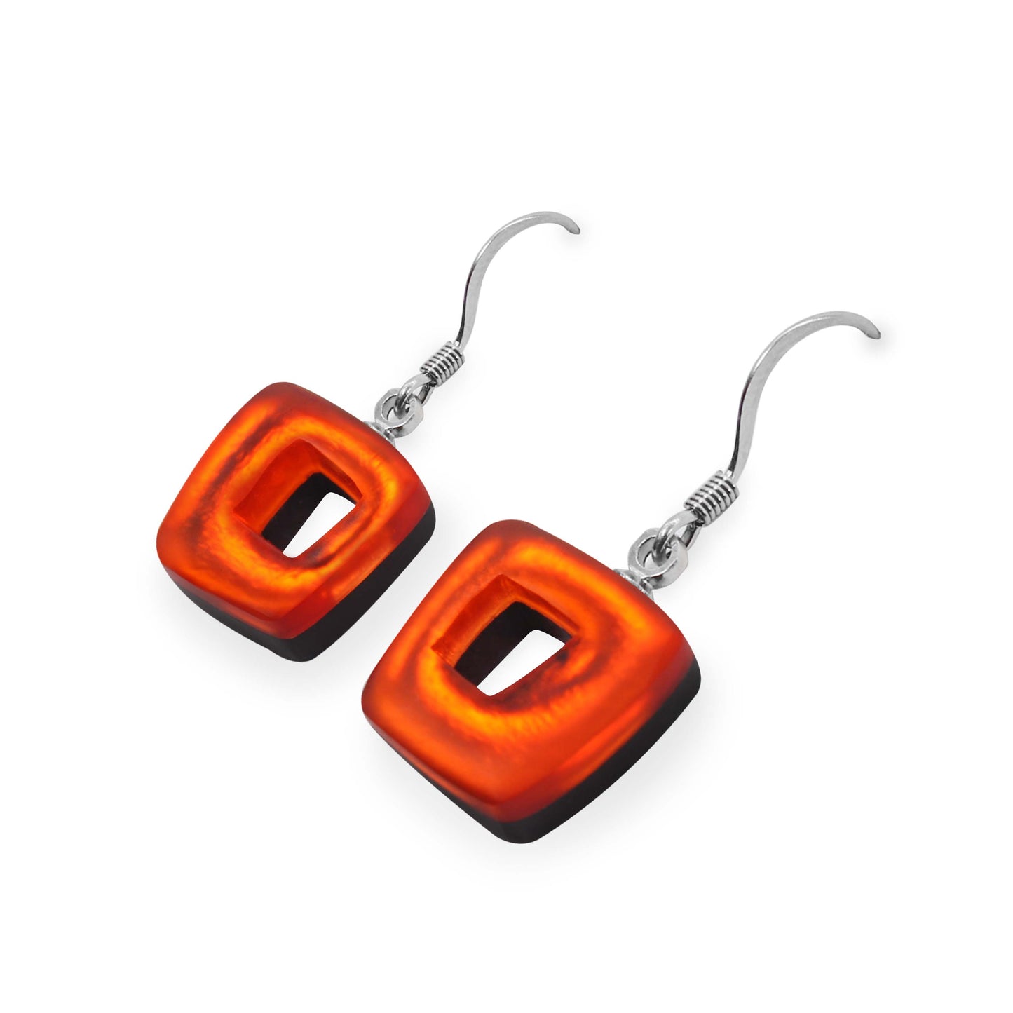 Orange Hollow Squares Matte Small Fish Hook Earrings