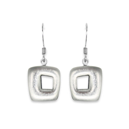 Silver Hollow Squares Matte Small Fish Hook Earrings | The Jewellery Stop