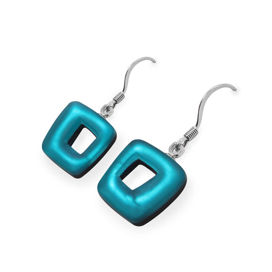 Verdigris Hollow Squares Matte Small Fish Hook Earrings