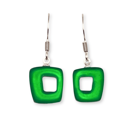 Emerald Hollow Squares Matte Small Fish Hook Earrings | The Jewellery Stop