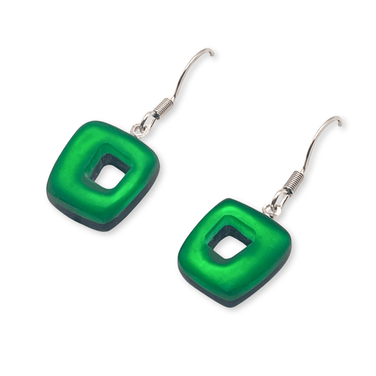 Emerald Hollow Squares Matte Small Fish Hook Earrings | The Jewellery Stop