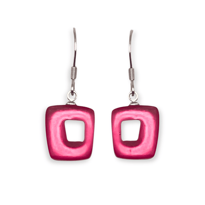 Flamingo Hollow Squares Matte Small Fish Hook Earrings | The Jewellery Stop
