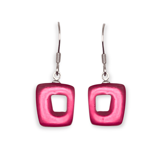 Flamingo Hollow Squares Matte Small Fish Hook Earrings | The Jewellery Stop