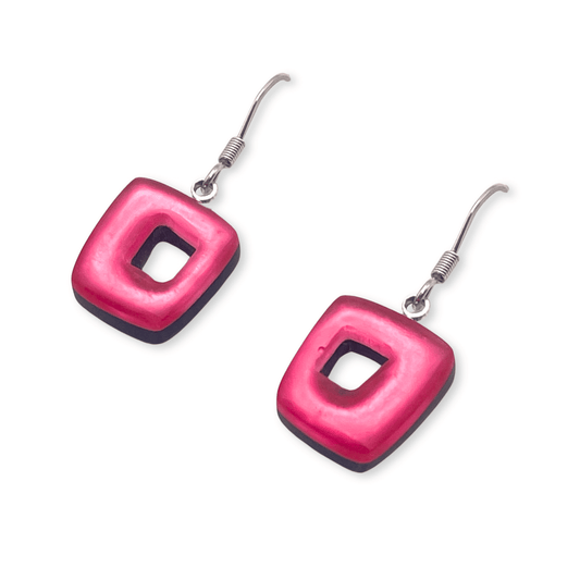 Flamingo Hollow Squares Matte Small Fish Hook Earrings | The Jewellery Stop