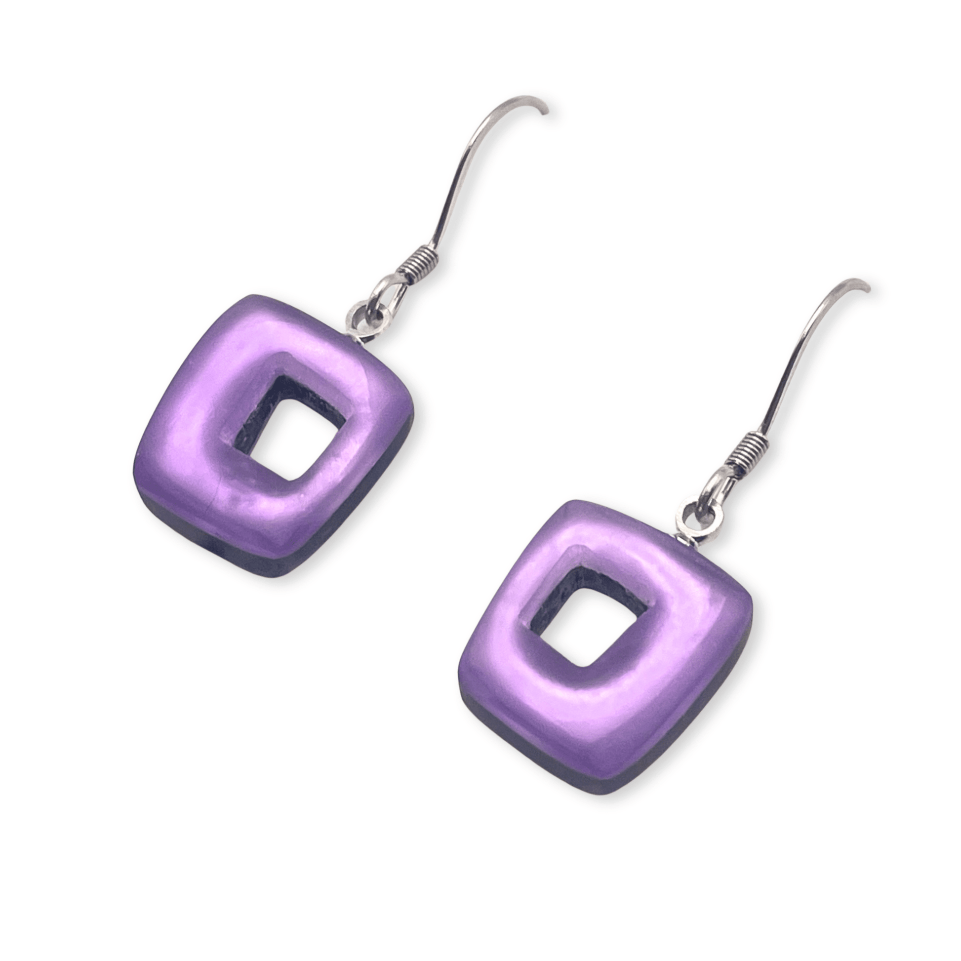 Lilac Hollow Squares Matte Small Fish Hook Earrings | The Jewellery Stop