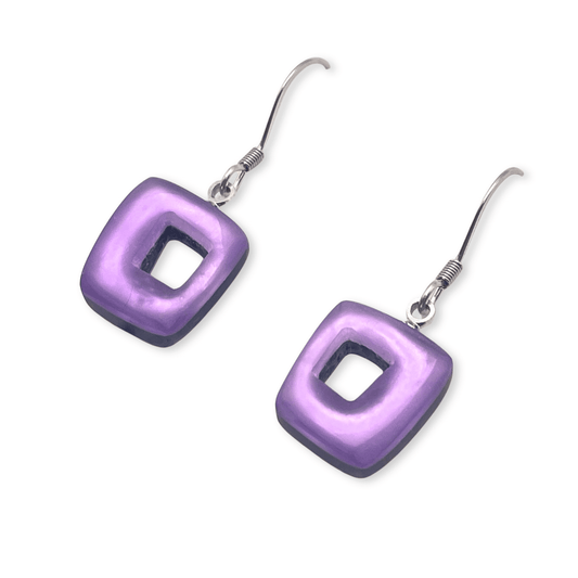 Lilac Hollow Squares Matte Small Fish Hook Earrings | The Jewellery Stop