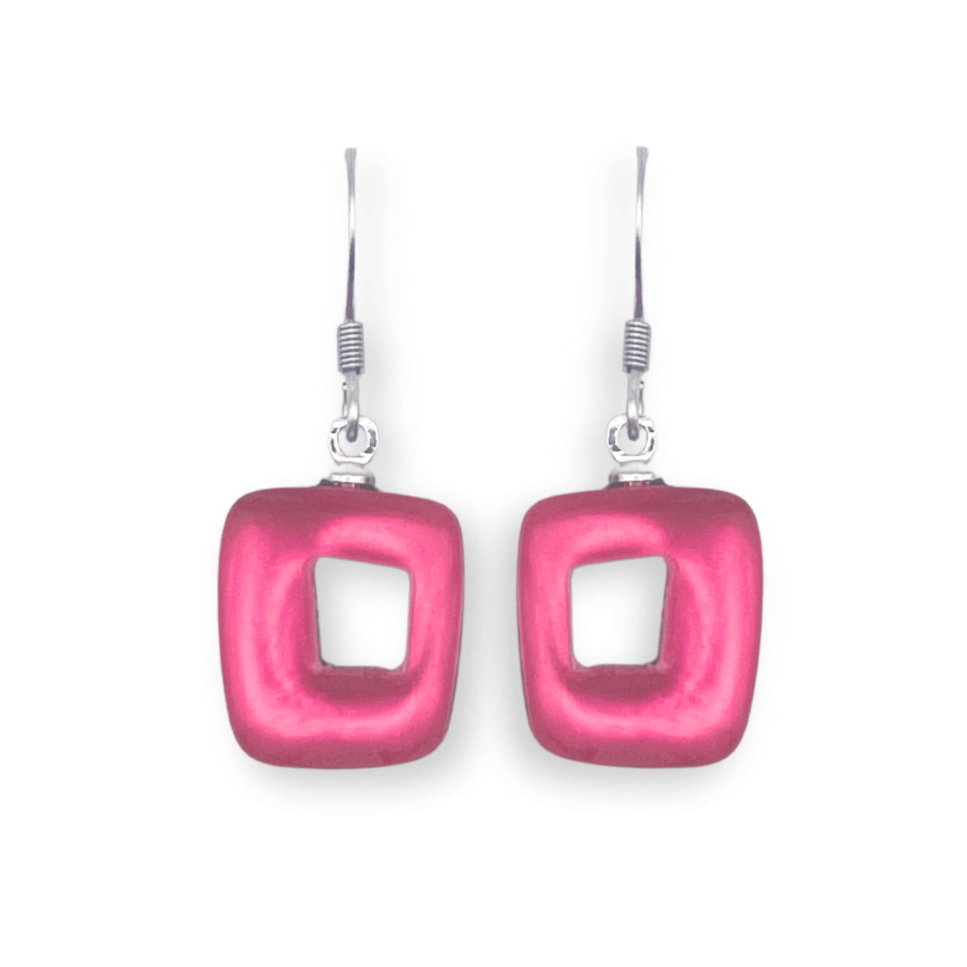 Pink Hollow Squares Matte Small Fish Hook Earrings