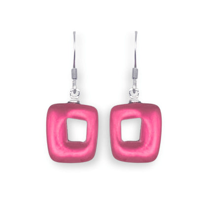 Pink Hollow Squares Matte Small Fish Hook Earrings