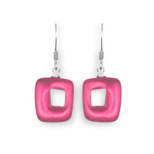 Pink Hollow Squares Matte Small Fish Hook Earrings