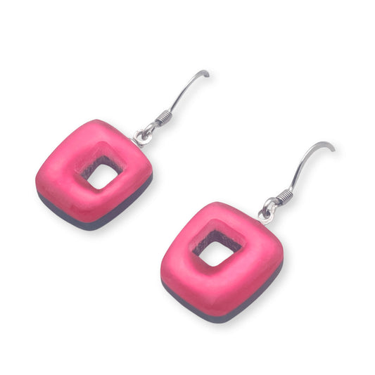 Pink Hollow Squares Matte Small Fish Hook Earrings