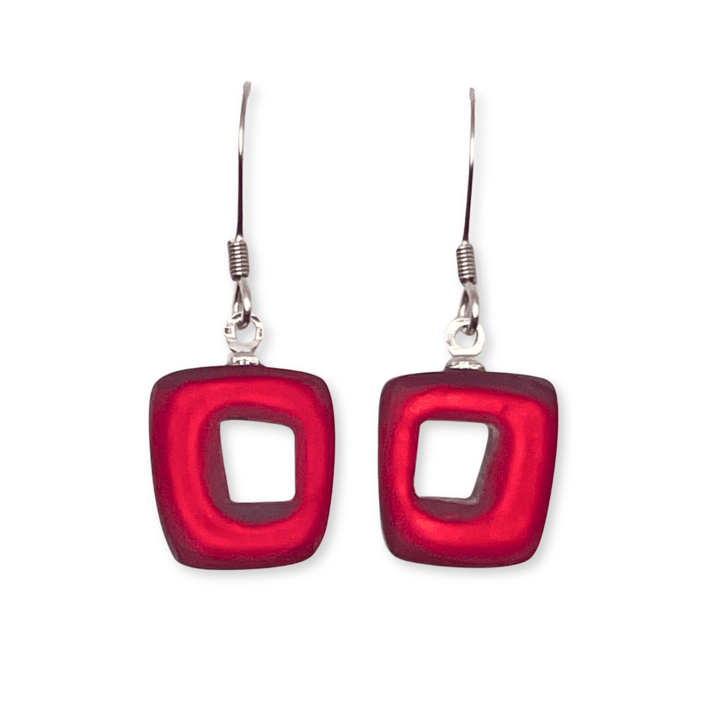 Red Hollow Squares Matte Small Fish Hook Earrings | The Jewellery Stop