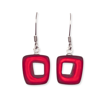 Red Hollow Squares Matte Small Fish Hook Earrings | The Jewellery Stop