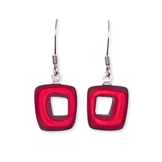 Red Hollow Squares Matte Small Fish Hook Earrings | The Jewellery Stop
