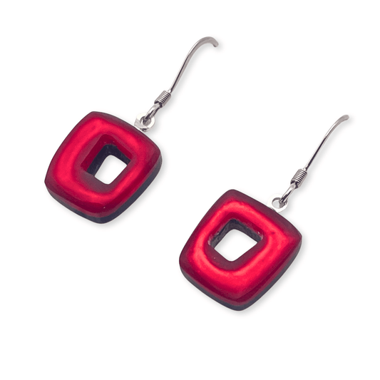 Red Hollow Squares Matte Small Fish Hook Earrings | The Jewellery Stop