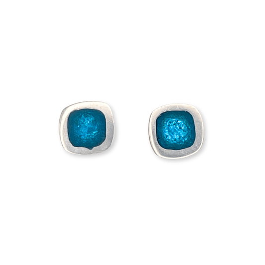 Teal Abstract Squares Shiny Small Stud Earrings