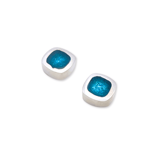 Teal Abstract Squares Shiny Small Stud Earrings