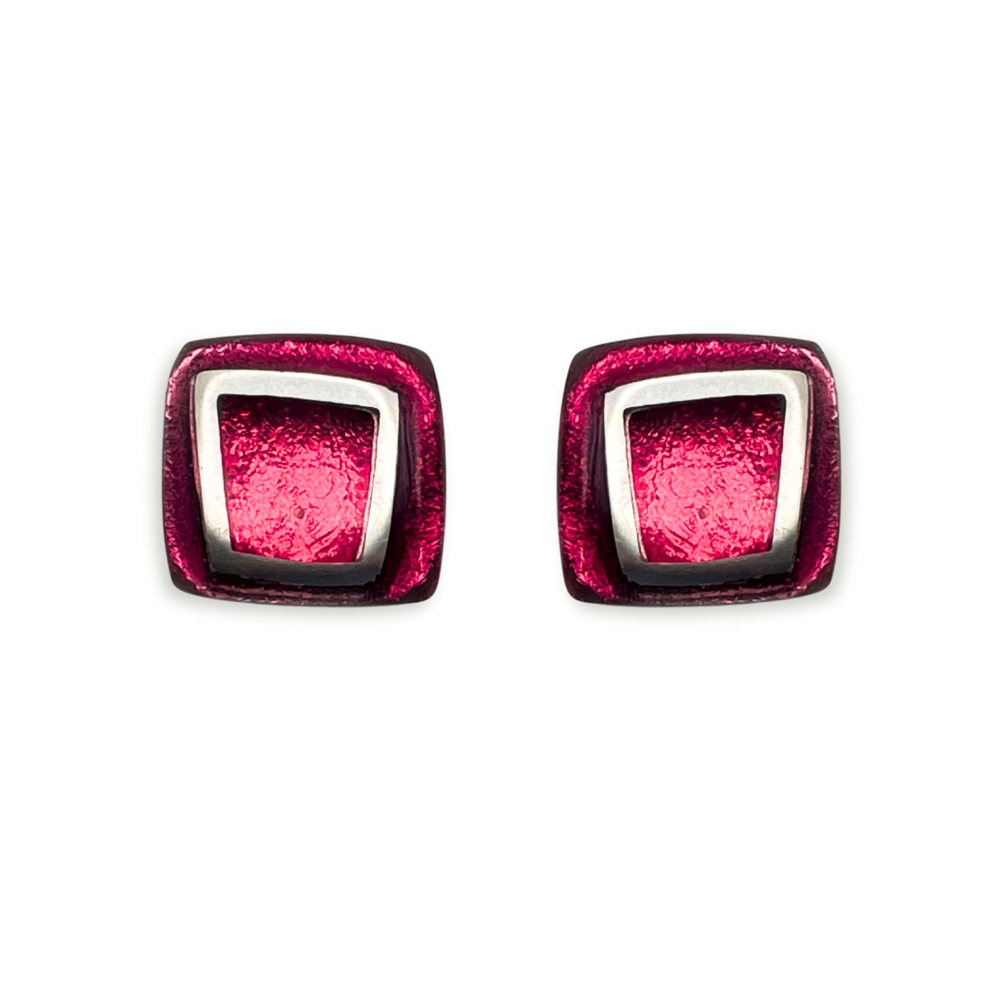 Cerise Irregular Squares Shiny Stud Earrings