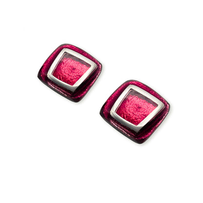 Cerise Irregular Squares Shiny Stud Earrings