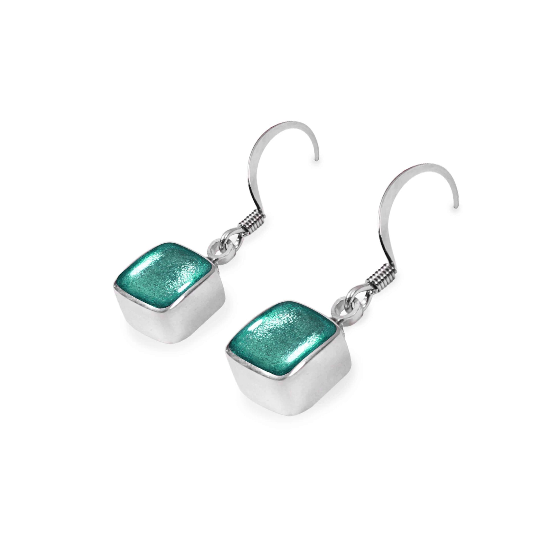 Aqua Aluminium Squares Shiny Small Fish Hook Earrings | The Jewellery Stop