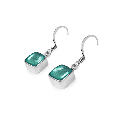 Aqua Aluminium Squares Shiny Small Fish Hook Earrings | The Jewellery Stop