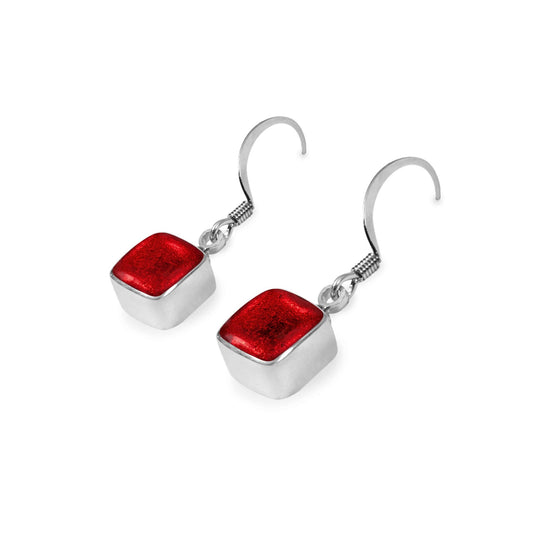 Red Aluminium Squares Shiny Small Fish Hook Earrings | The Jewellery Stop