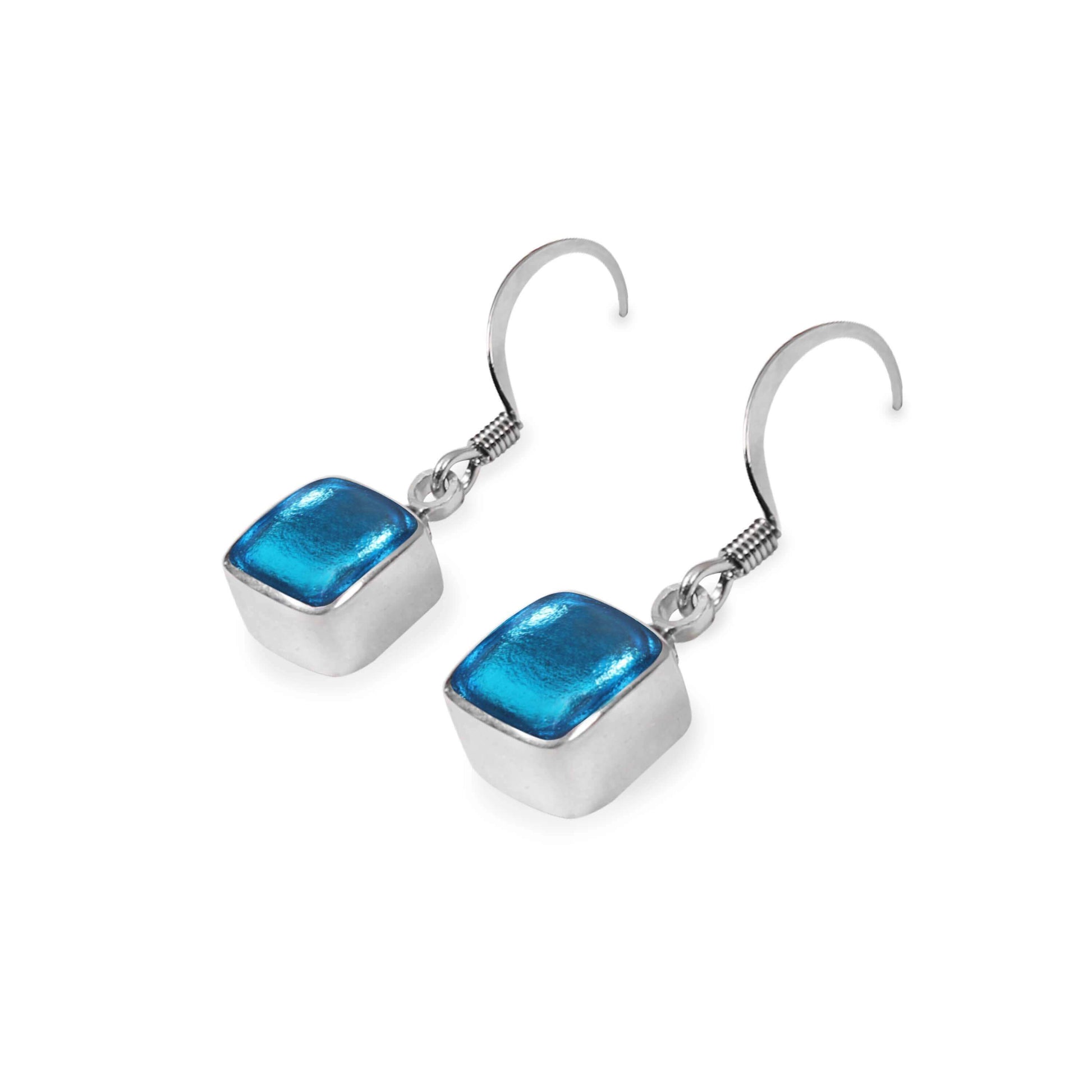 Turquoise Aluminium Squares Shiny Small Fish Hook Earrings